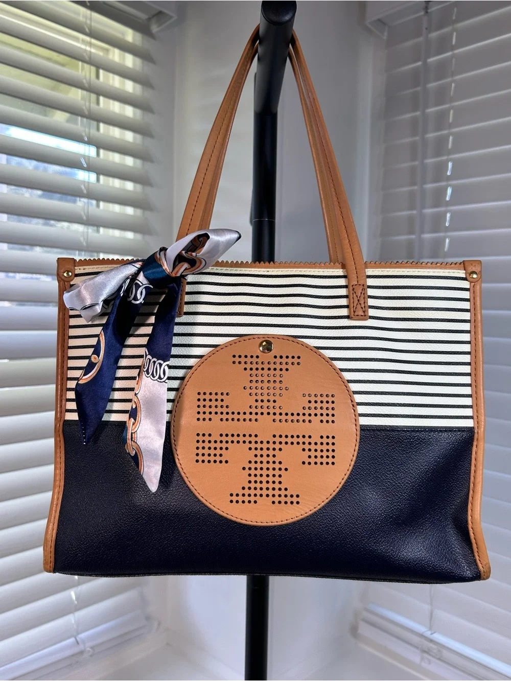 Tory Burch Ella Viva Leather Tote in the distinctive Navy Stripes & Shine design